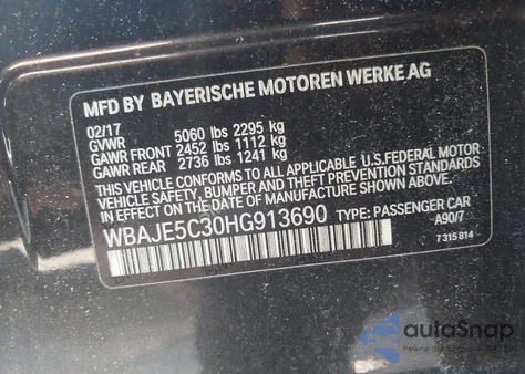 2017 BMW 540I z USA, uszkodzony, nr VIN WBAJE5C30HG913690